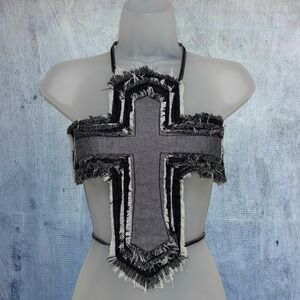 New‎ Medium Denim Fringe Cross Backless Halter Top Crop Blouse Sleeveless Sexy